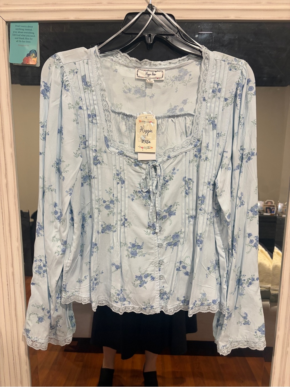 Hippie Rose Light Blue Floral Button-Up Tie-Neck Long Sleeve Top